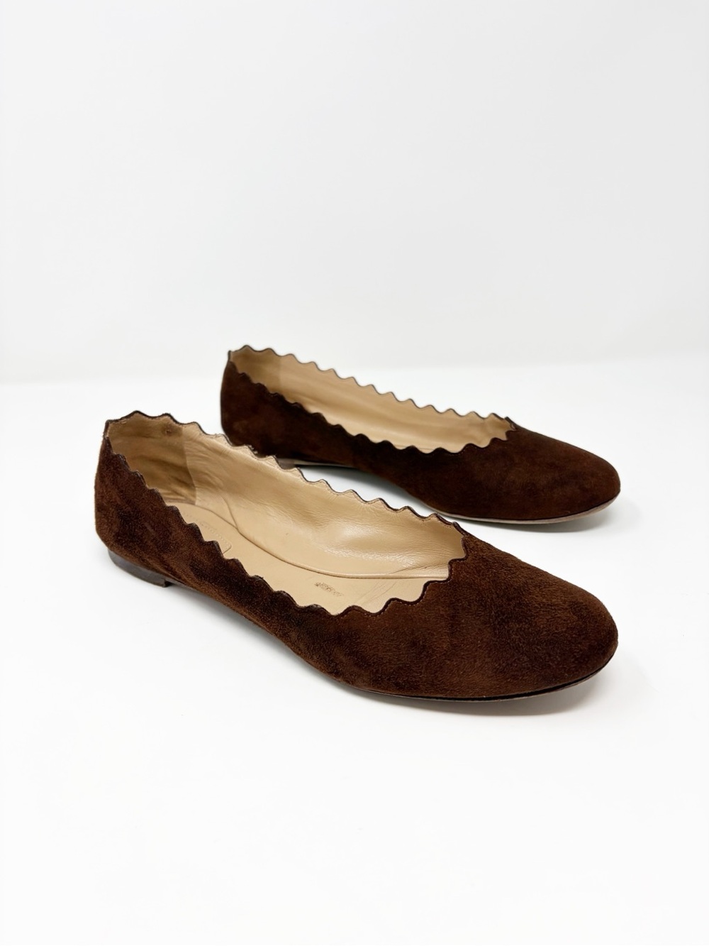 Chloe Scalloped-Edge Suede Ballet Flats in Dark Brown size 37.5 - Picture 4 of 11